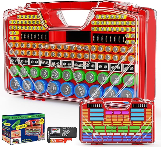 Battery Organizer Storage Holder Box Case with Tester, New Ultra-Large 285+Batteries Double-Sided Variety Pack, Holds AA AAA 4A C D Button Cell 9V 3V Lithium18650 CR2 CR123 CR1632 LR44 (Red)