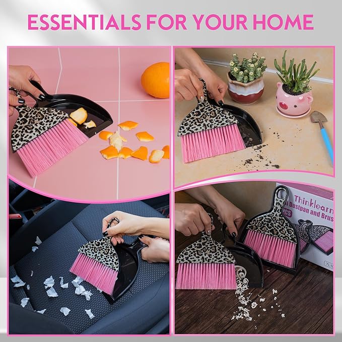 THINKLEARN 2PCS Mini Dustpan and Brush Set, Small Broom and Dustpan Set with Pink Leopard Print Design, Hand Broom Whisk Broom and Dust Pan for Cleaning Desk, Home, Cars, Pets, Kids