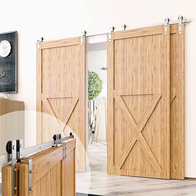 Homacer Brushed Nickel Single Track Bypass Sliding Barn Door Hardware Kit, for Three Doors, 12ft Long Flat Track, StraightDesign Roller, (1 Flat+2 Bent Roller Set)