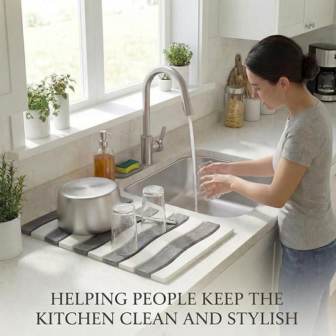 Large Diatomite Stone Dish Drying Mat for Kitchen Counter, 2 PCS Quick Dry Diatomaceous Earth Stone Dishes Mats for Countertop, Non-Slip Base, Foldable Design (Gray & White 24"×16" & 11"x5")