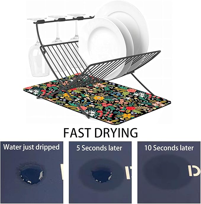 Dish Drying Mat for Multiple Usage. Super Absorbent, Easy clean, Quick dry, Cocina Accesorios for Kitchen Counter or Faucet Sink, Coffee bar, Refrigerator or Air fryer liners, 1 Pack wildflowers