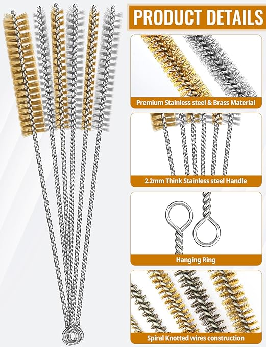 7pcs Brass Wire Brushes Set, 12 inch Pipe Cleaner Brush，Parts Cleaning Brush Bore Brushes for Tubes, Cylinders, Bottle, Auto Parts (6mm/8mm/10mm/12mm/15mm/18mm/20mm)