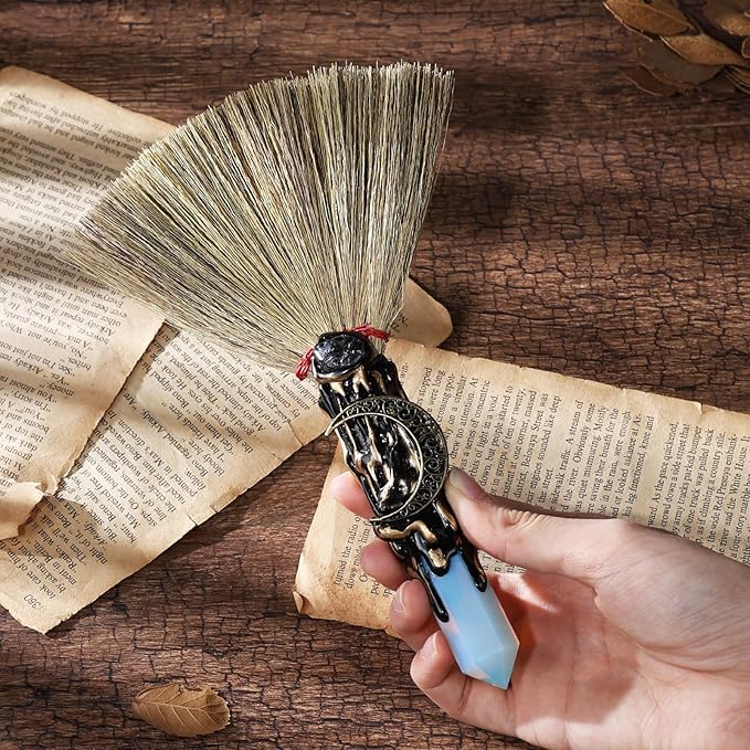 Crystal Witch Altar Broom - Witchcraft Supplies with Opal Wiccan Stuff Moon Magic Broomstick with Natural Healing Crystals Hexagonal Points Pagan Fengshui Reiki Energy Clearing Gift