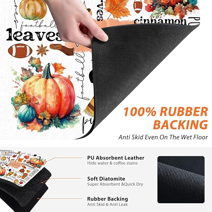 Fall Pumpkin Dish Drying Mat - Fall Leaves Dish Drying Mat,Fall Vibes Dish Drying Mat,Rugby Football Absorbent Dish Drying Mat For Kitchen Counter,16x17.5 Inch, 240-JL-GZD-01