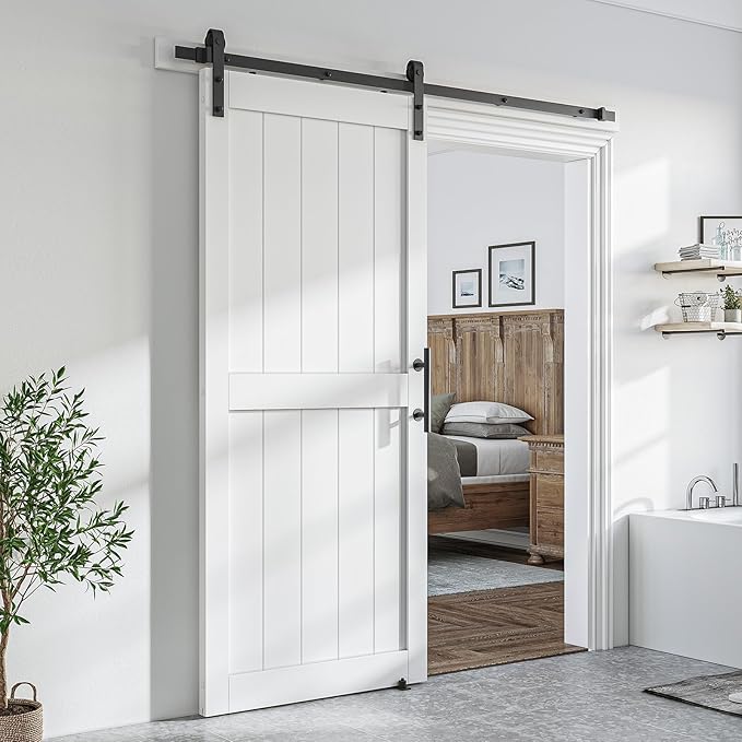 SmartStandard 36 x 80 inch White Sliding MDF Barn Door with 6.6FT Black Sliding Door Hardware Kit & Handle, Pre-Drilled Ready to Assemble, Waterproof PVC Coating, H-Frame