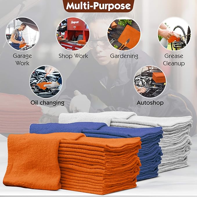 Nabob Wipers Auto Mechanic Shop Towels 25 Pack Bulk Shop Rags 100% Cotton Size 14"x14" Commercial Grade (25 Pack, Orange)