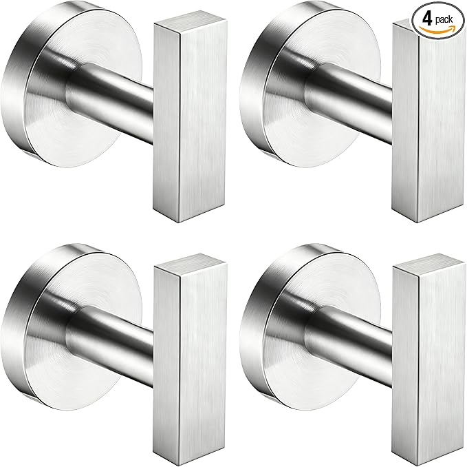 Towel Hooks for Bathrooms, Brushed Nickel Towel Hook for Kitchen Bathroom, SUS304 Stainless Steel Coat Hook, Heavy Duty Holder Robe Hooks for Hanging Towels, Coats, sponges, Wall Mount, 4 Pack