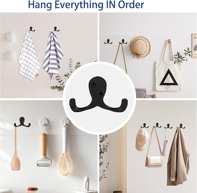 Aynoo 10 Pack Coat Hooks, Metal Wall Hooks Hardware, Heavy Duty Double Prong Wall Mounted,Black