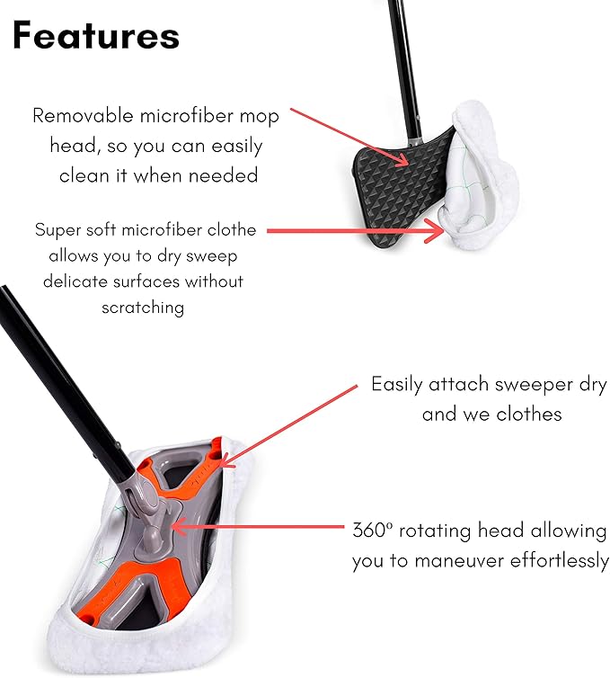 Dust Cleaning Sweeper Mopping - Orange and Grey Durable Mop Set - Lightweight - Great for Kitchen, Home, Garage and Office - Hardwood Tile Laminate Floor Cleaner - Removable Slipper