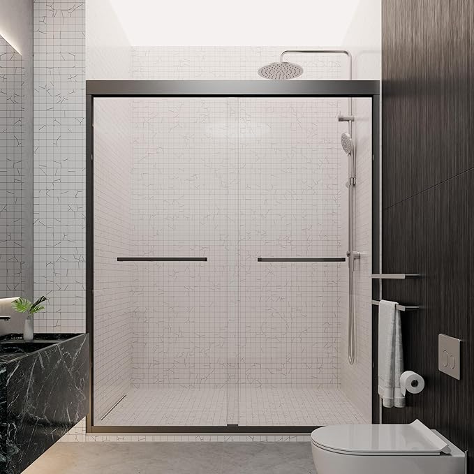 56"-60" W x 70" H Semi-Frameless Double Sliding Bypass Shower Door, 1/4" (6mm) SGCC Tempered Glass Shower Door, Matte Black Finish