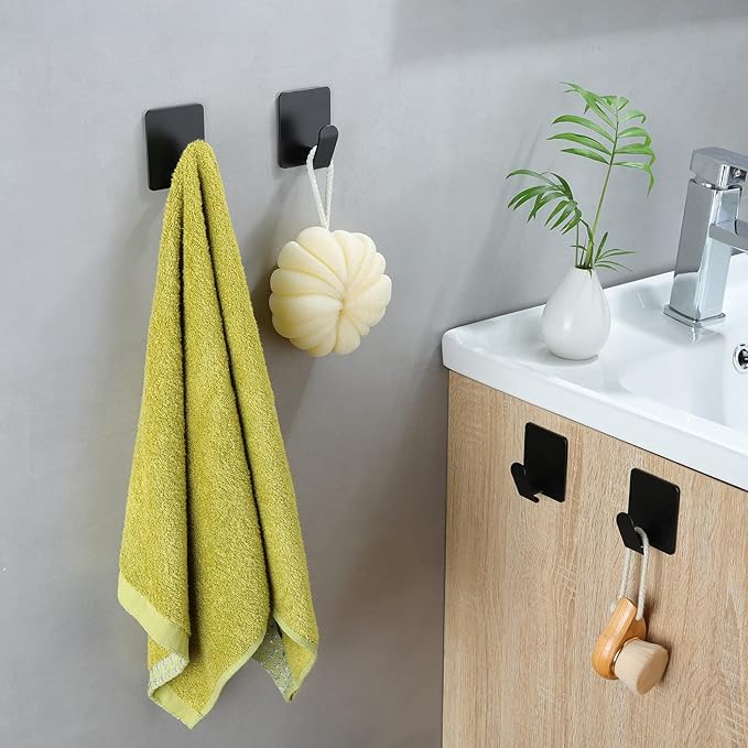 Taozun Black Towel Hooks - 4 Pack Stainless Steel Wall Hooks Rustproof and Oil Proof for Kitchen Bathroom