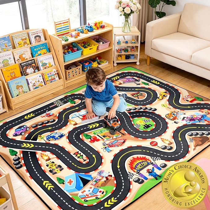 Kids Rug, Race Track Baby Play Mats, 6x9 FT Race Car Rug with 3D Cascading Surround Route, Soft & Non-Slip, Machine Washable Race Road Carpet for Kids Room, Boys Room, and Playroom