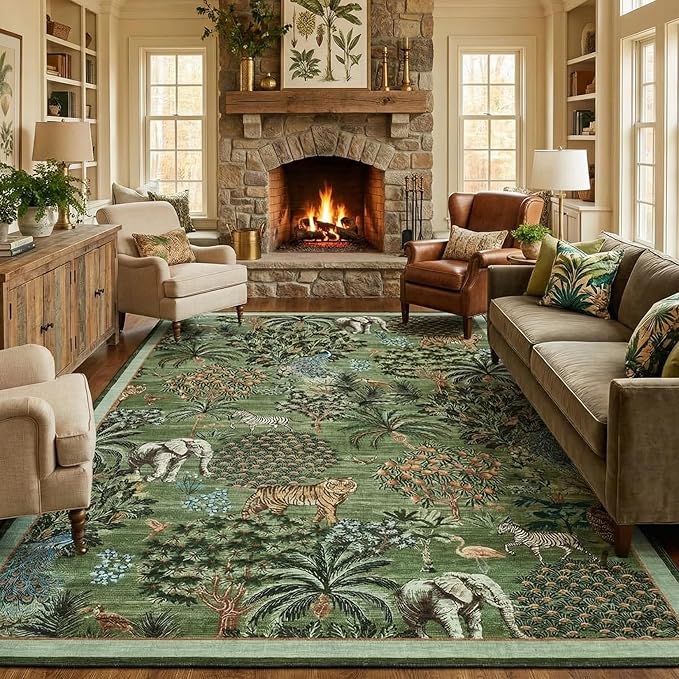 GarveeHome Jungle 8x10 Area Rug Washable Rugs for Living Room, Forest Rug Non Slip Low Pile Soft Indoor Stain Resistance Animal Print Carpet for Bedroom Dining Room Playroom Nursery, Forest Green