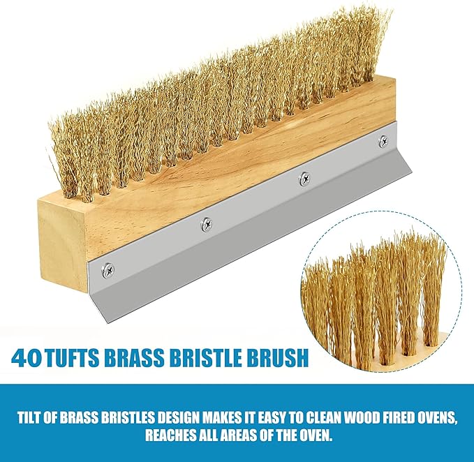 Wood Brush Head with Steel Scraper 9.6 Inch Pizza Oven Brush Brass Bristles Replacement Brush Head