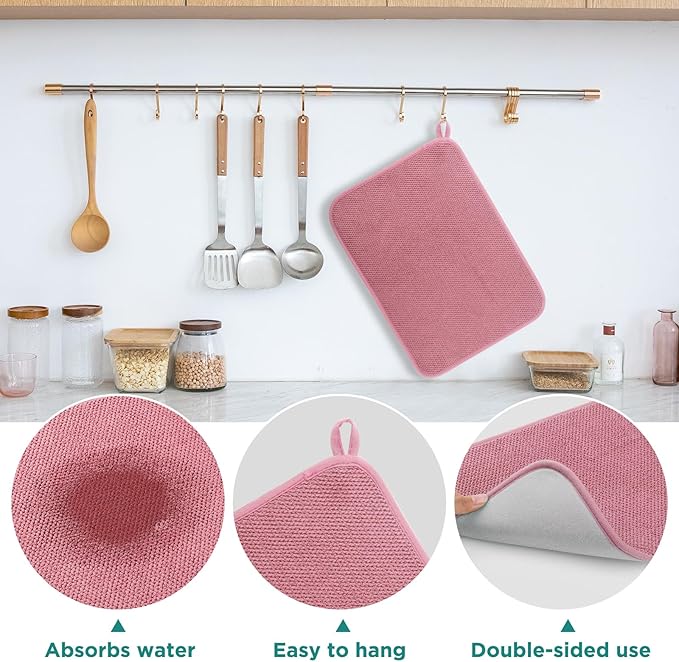 Microfiber Dish Drying Mat, Super Absorbent Kitchen Dish Drying Pad for Easter Day, Reversible Gift Mats for Countertop, 17.8 * 23.6 inch Pink