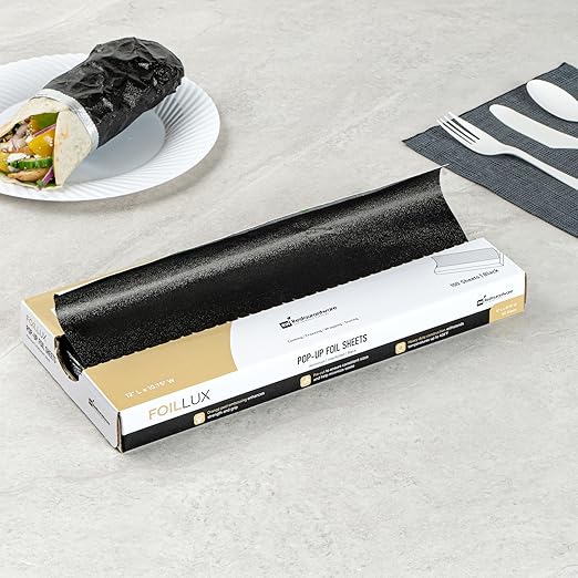 Restaurantware Foil Lux 12 x 10.8 Inch Pop-Up Foil Sheets 2000 Disposable Foil Papers For Food - Orange Peel Embossing Interfolded Black Aluminum Foil Sheets Greaseproof Freezable Oven Ready