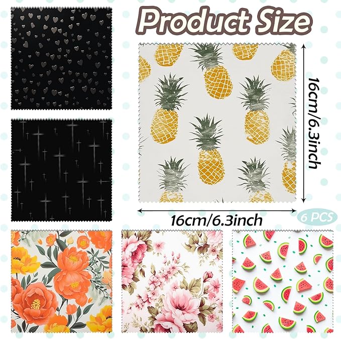 6 PCS Glasses Cleaning Cloth Eyeglass Lens Microfiber Cleaning Cloth Reusable Phone Screens Camera Cute Aesthetic Women Girls(6.3"x6.3")-Fruit Flowers
