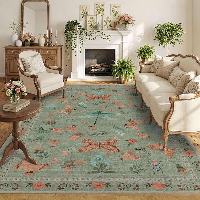 Floral Rug for Living Room Bedroom, 8x10 Area Rugs, Green Vintage Boho Washable Rug, Large Non Slip Low Pile Wool Carpet for Indoor Dining Room,Girls Room,Nursery Room and Kids Room