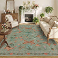 Floral Rug for Living Room Bedroom, 8x10 Area Rugs, Green Vintage Boho Washable Rug, Large Non Slip Low Pile Wool Carpet for Indoor Dining Room,Girls Room,Nursery Room and Kids Room