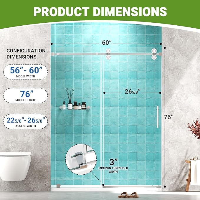 Frameless Sliding Shower Door 56–60 in W x 76 in H, 8mm Clear Tempered Glass Shower Doors Glass Sliding 60 Inches, Double Nano Coating, Stainless Steel Hardware, Silent Smooth Rollers, Brushed Nickel