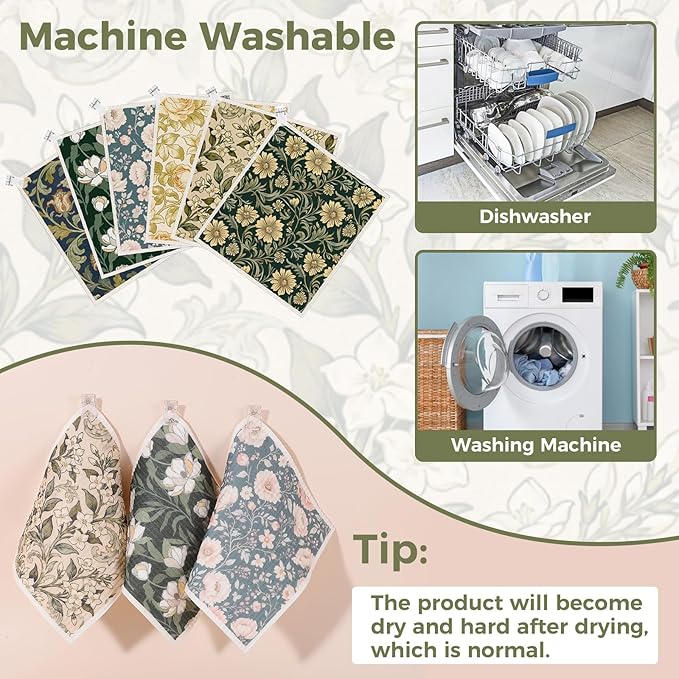 Needbrock 6 Pack William Morris Swedish Dishcloths for Kitchen,Swedish Rags Dish Towels with Clips, Reusable Paper Towels Washable Absorbent Cellulose Sponge Cloths No Odor for Cleaning Home Kitchen