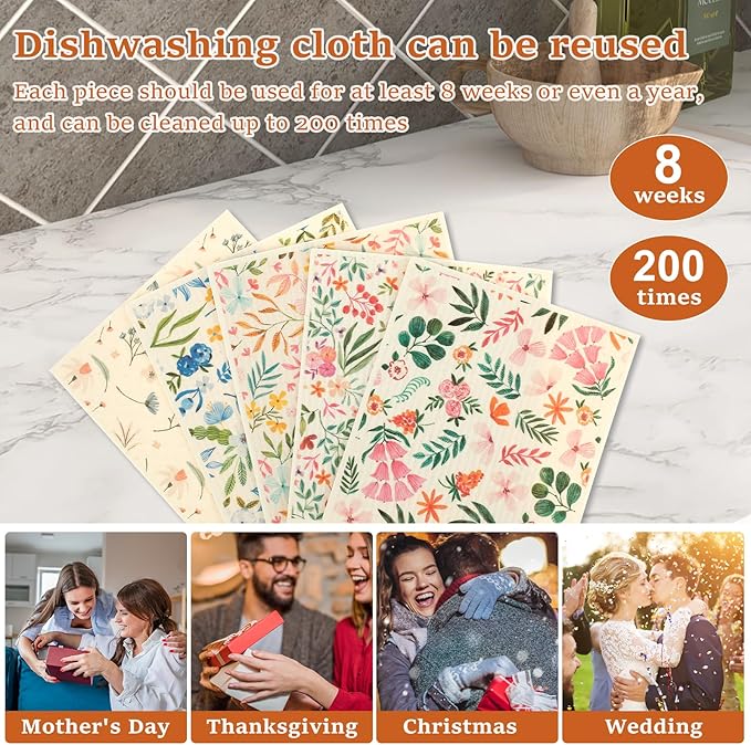 Swedish Dishcloths for Kitchen Dish Towels - 5 Pack, Reusable Paper Towels with Clips, Absorbent Washable Non-Scratch Swedish Dish Towels, Cleaning Sponge Cloths for Baking Cooking Kitchen Home