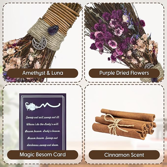 Cinnamon Broom 7.5 Inch Witch Broom for Altar Magic Crystal Handmade Mini Cinnamon Broomstick Scented Natural Herbal Protection Witchcraft Supplies for Wiccan Décor Witchy Gifts (Purple)