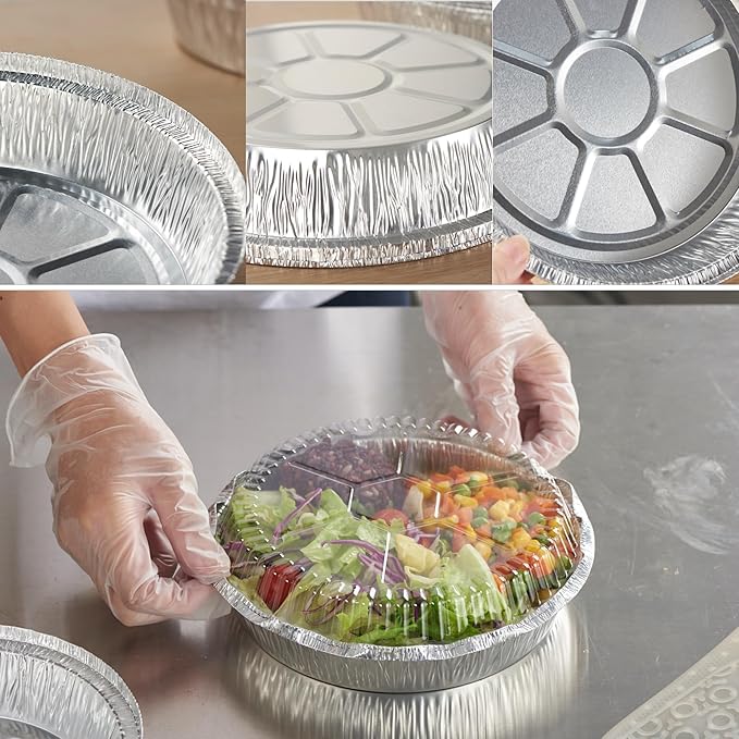 CURTA 9" Round Aluminum Foil Pans with Clear Lids | Heavy Duty | Great for Broiling, Baking, Storage, Roasting, Takeout, Air Fryer | 120 Pack
