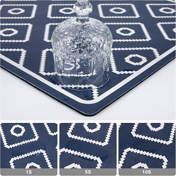 SUEH DESIGN Dish Drying Mat, Absorbent Coffee Mat 19.6 x 11.8 in Quick Dry Drying Mats Large Coffee Mat for Coffee Bar Kitchen Countertop, Dark Blue