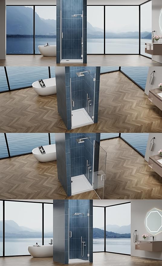 Framelss Hinged Shower Door, 34" W x 76" H Single Swing Pivot Shower Door, 3/8" (10mm) Tempered Glass with Nano Coating, Stainless Handle, Glass Door for Walk-in Shower - Brushed Nickel