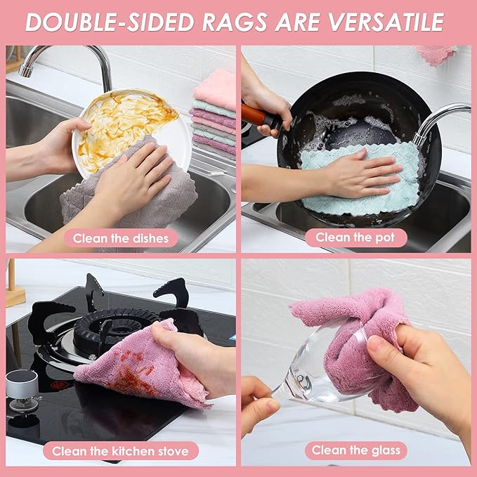 22 Pack Kitchen Dish Cloths, Reusable Dish Towels, Nonstick Oil Washable Fast Drying, Super Absorbent Coral Velvet Cleaning Cloths for Cleaning Tableware, Kitchen, Bathroom (Pink-green-10" x 6")