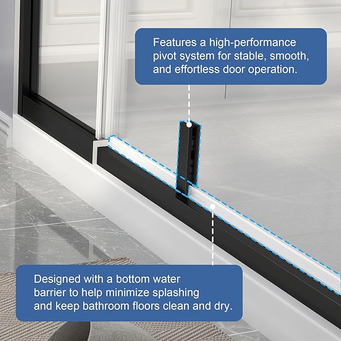 Semi Frameless Pivot Shower Door 42-48" W x 72" H, Swing Shower Glass Doors with Nano Explosion-Proof Film Tempered Glass 1/4"(6mm) Reversible Installtion, Matte Black Finish