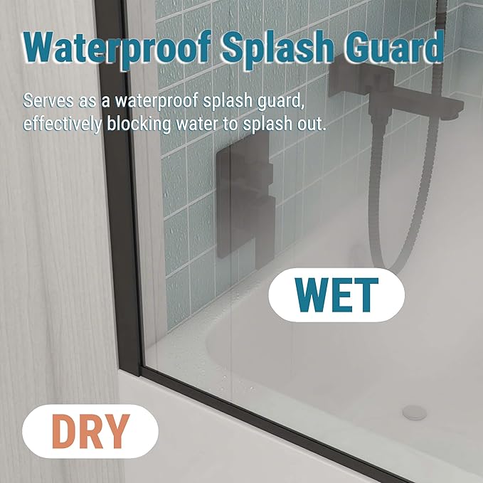 Sunrosa 24"×60" Bathtub Glass Panel,8mm Thick Shower Screen,Matte Black Semi-Frameless Bathroom Shower Door, Easy to Clean