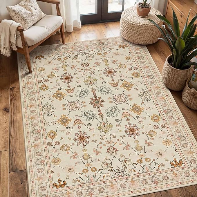 Floral Rug for Living Room Bedroom, 3x5 Washable Area Rug, Vintage Boho Throw Rugs, Non Slip & Low Pile Carpet for Indoor Dining Room, Girls Room, Nursery Room and Kids Room(Apricot 3x5ft)