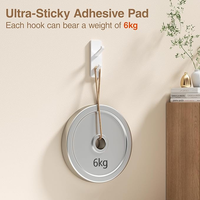Self Adhesive Wall Hooks for Hanging, 13LB Heavy Duty Stick On Hooks for Coats and Towels, Bathroom Door Towel Hooks, White, 6 Pack