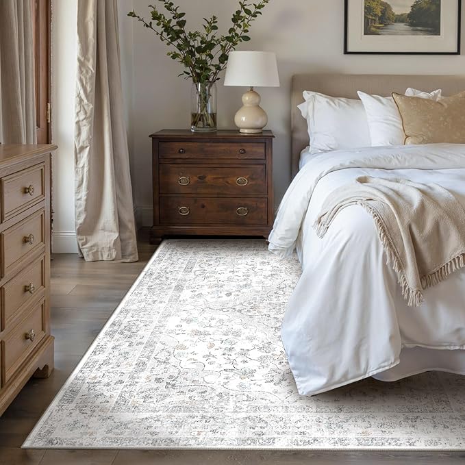 4x6 Area Rugs for Living Room, Bedroom, Small Washable Grey Rugs, Entryway Non Slip Rug, Neutral Floral Vintage Boho Soft Indoor Carpet for Nursery, Bathroom, Office