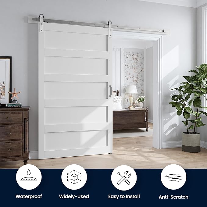 SmartStandard 48x96 inch White Barn Door with 8FT Brushed Nickel Sliding Door Hardware Track Kit Included, Solid MDF Slab, Waterproof PVC Surface, 5-Panel, Suitable for Openings up to 46in x 94in