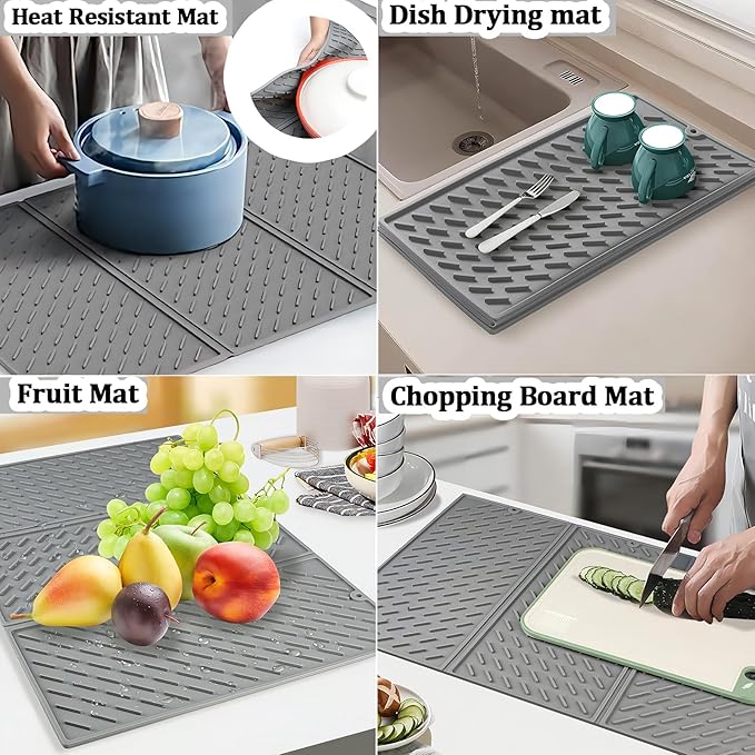 Collapsible Dish Drying Mat, Silicone Drying Mat for Kitchen Counter, Dish Drying Pad with Hook, 24x16in Non-Slip Silicone Dish Drying Mat, Easy to Clean (Translucent)