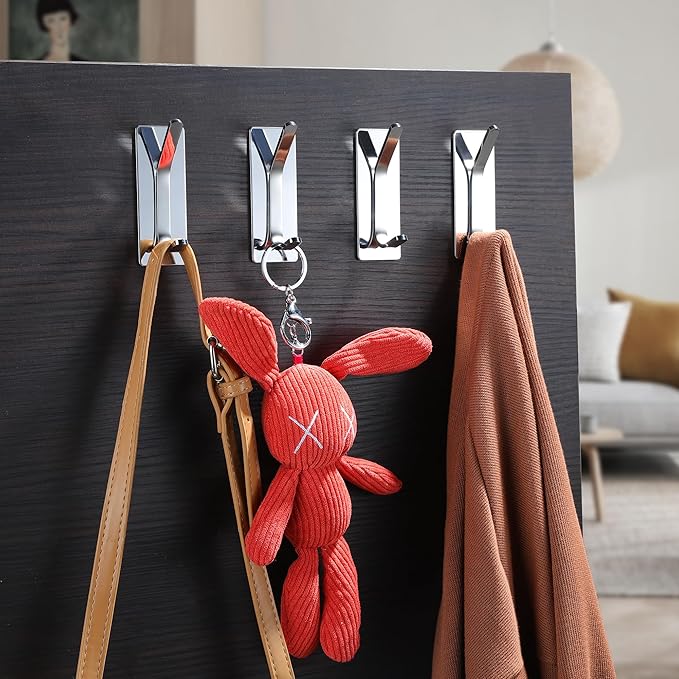 YIGII Adhesive Hooks -4 Packs Wall Hooks for Hanging Towels, Clothes, Robes Stick On Towel Hooks No Drill for Bathrooms Kitchen Stainless Steel