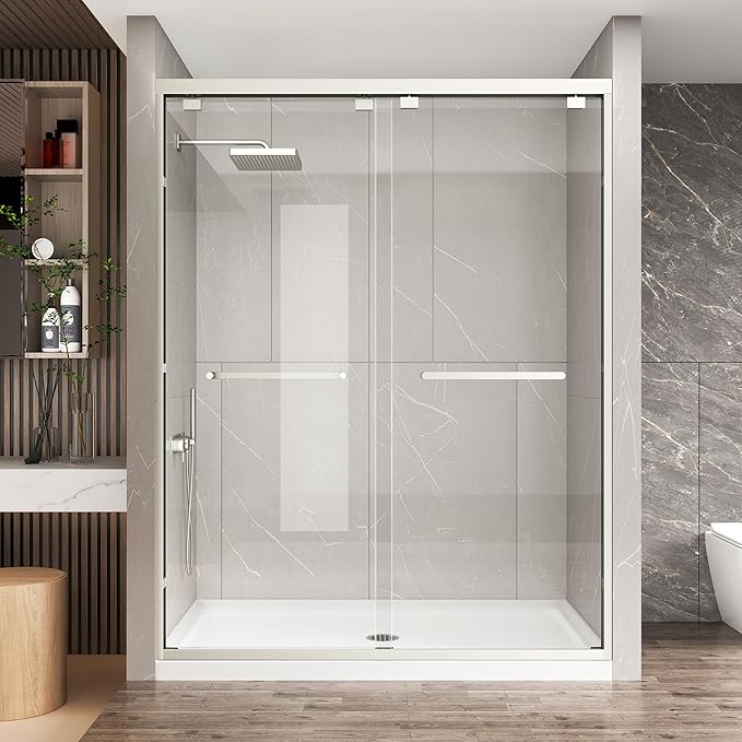 KPUY Glass Shower Door, 61-66" W x 76" H Semi-Frameless Double Sliding Shower Door, 1/4" (6mm) Thick Tempered Clear Glass with Explosion-Proof Film Nano Coating, Brushed Nickel