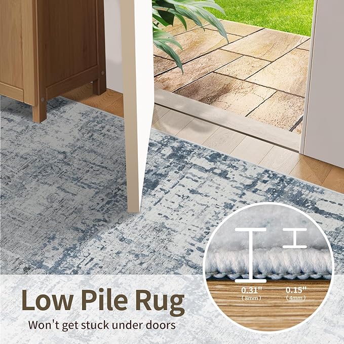 Blue Grey 8x10 Area Rugs,Large Soft Rugs for Living Room, Blue Washable Rug, Modern Abstract Rugs for Bedroom Dining Room, Non-Slip Foldable Thin Indoor Carpet Stain Resistant(Blue Grey)