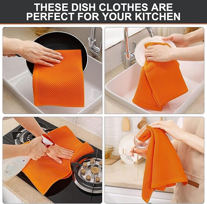 Kitinjoy 100% Cotton Waffle Weave Kitchen Hand Towels (13 X 28 Inches, Orange), 8-Pack Super Soft and Absorbent Dish Towel for Drying Dishes