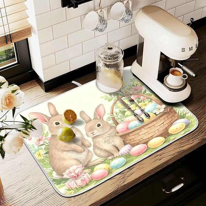 Cute Easter Bunny Rabbit Eggs Dish Drying Mat for Kitchen Counter Absorbent Microfiber Small Drying Pad Dish mats for Kitchen Countertops 16 x 18 Inch
