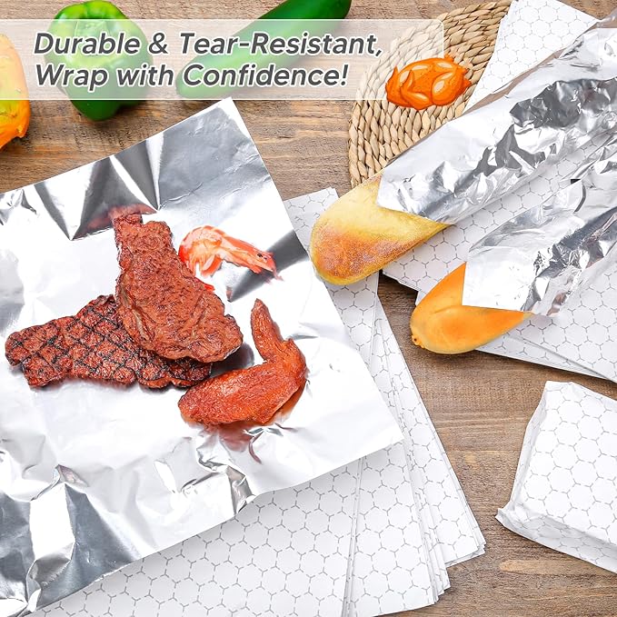 120 Packs Insulated Foil Sandwich Wrap Sheets 12"x12" Pre-Cut Aluminum Foil Sheets Sandwich Wrapping Paper Greaseproof Waterproof Burger Wrappers for Sandwiches Burritos Hamburger Hot Dogs BBQ