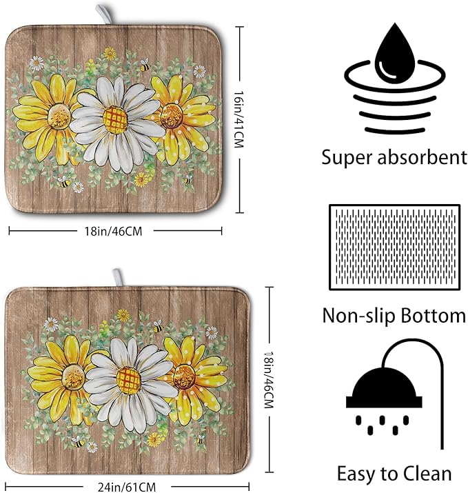 Rustic Daisy Floral Dish Drying Mat for Kitchen Counter Spring Summer Sunflower Dish Drying Mat Bee Absorbent Microfiber Dish Mat Reversible Dish Drainer Rack Mat 16x18 Inch