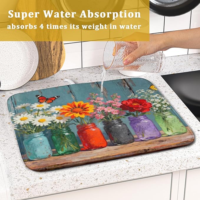 Spring Summer Floral Dish Drying Mat for Kitchen Counter 16x18 Flower Bottle Butterfly Woodgrain Seasonal Absorbent Reversible Microfiber Drying Mats Kitchen Countertop Protector Dishes Drainer Pad