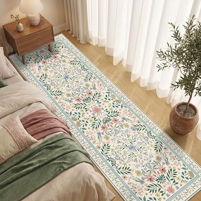 2'6" x 8' Floral Runner Rug, Washable Runners for Hallways, Green Vintage Boho Kitchen Rugs, Non Slip Hallway Runner Carpet for Indoor Hallway, Kitchen, Laundry Room and Bathroom