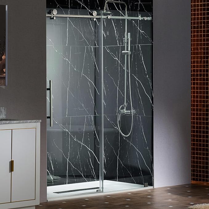 Woodbridge Frameless Single Sliding Shower Doors in Brushed Nickel Finish, 45.5-48" Width x 76" Height with 3/8"(10mm) Clear Tempered Glass, Soft Close System and Explosion-Proof Film, BSDC4876-B
