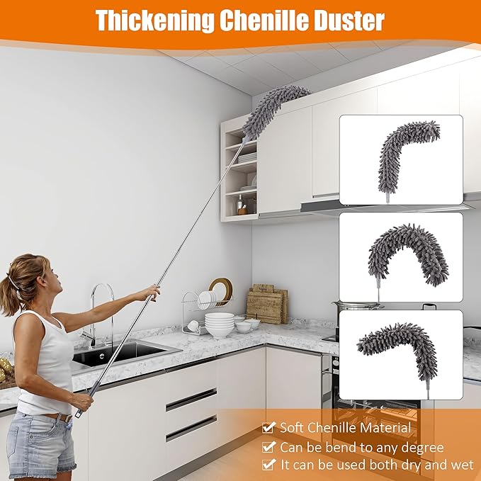 4 Pcs Microfiber Cobweb Duster with 100-inch Extendable Pole, Washable and Reusable Feather Cleaning Duster Kit with 3 Duster Heads,Dusters for Cleaning with Telescopic Pole for High Ceiling Fan