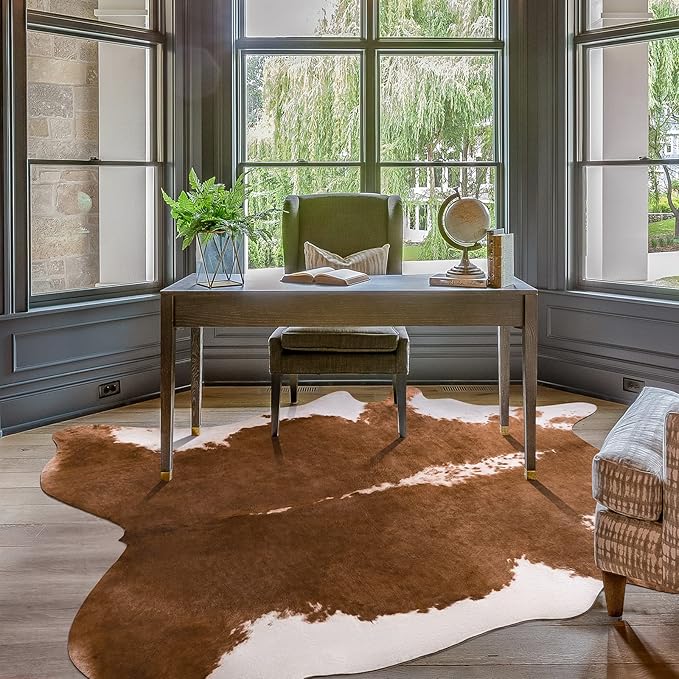 Amearea Faux Cow Hide Rug Large, Premium Western Home Decor Cow Print Rugs, Faux Leather Animal Cowhide Bedroom Carpet, Dining Traditional Cow Pattern Stuff Carpet, Brown 7x6.2 Feet